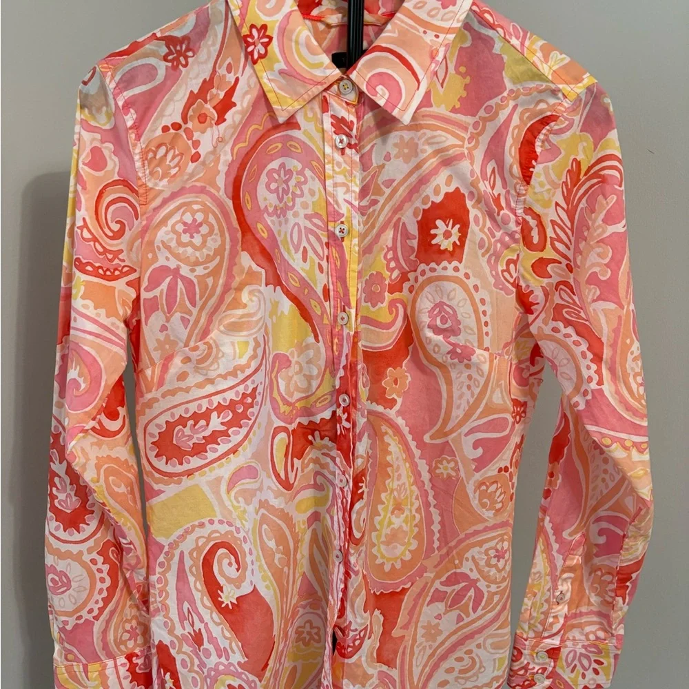 TALBOTS Modern Classic Paisley Blouse Pink Orange Button Down Boho Chic S - Picture 2 of 7